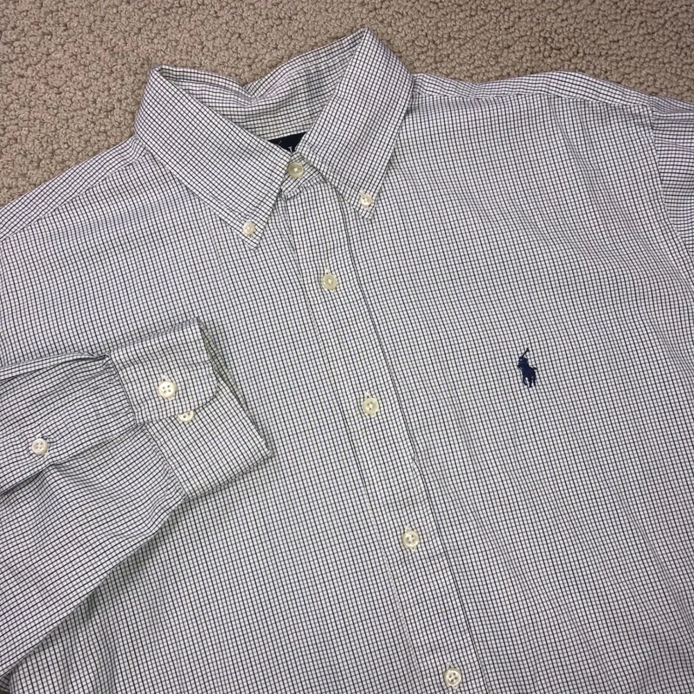 Polo Ralph Lauren Yarmouth Shirt Mens 16 34/35 Blue White Micro Check Cotton L/S